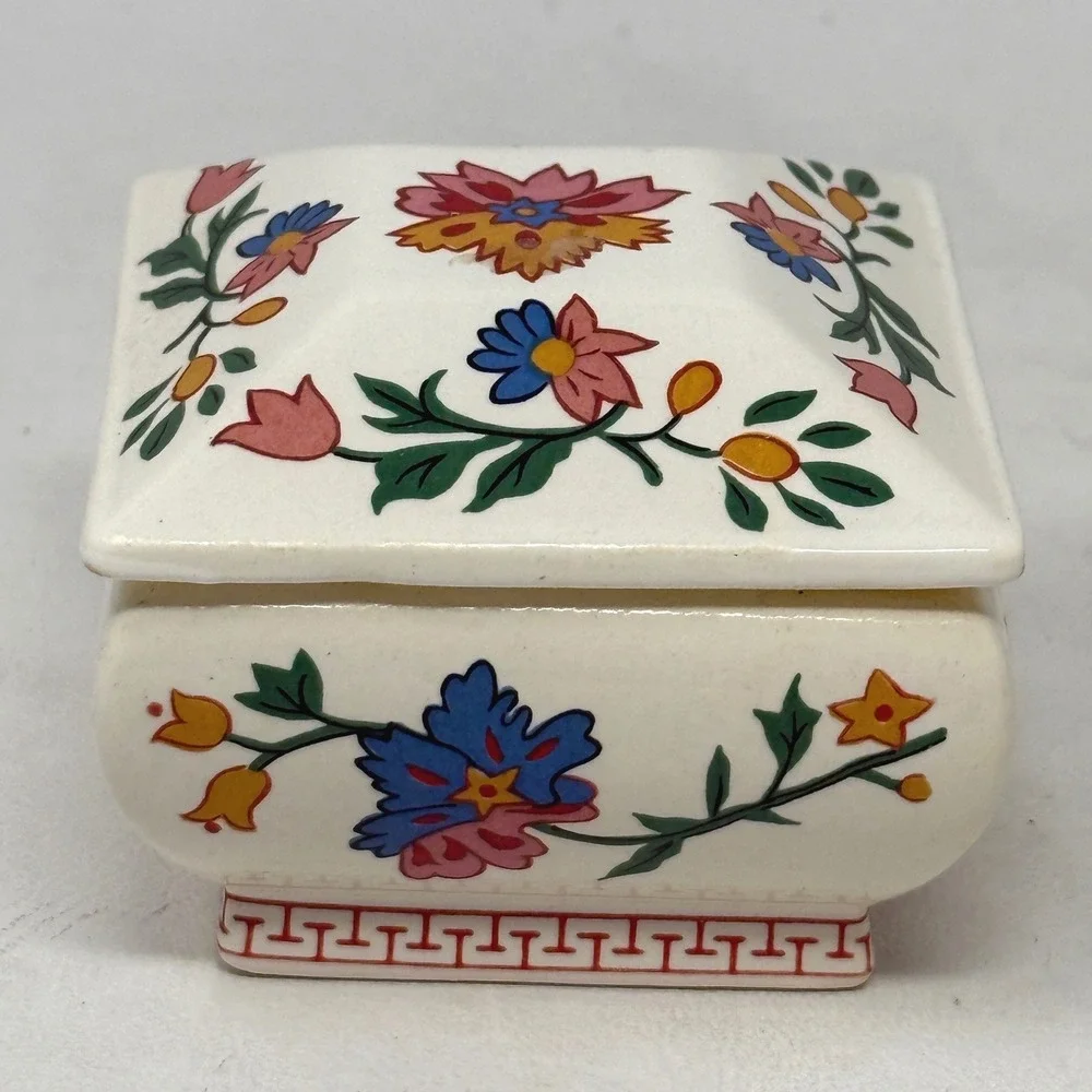 Floral 3 Inch Square Ceramic Lidded Jewelry Trinket Box 80s Oriental Gift Vanity